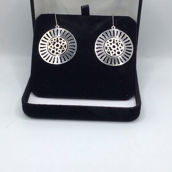 Sterling Silver Sunburst Cutout Dangle Earrings Hook 5.6g Statement Boho - Picture 7 of 13